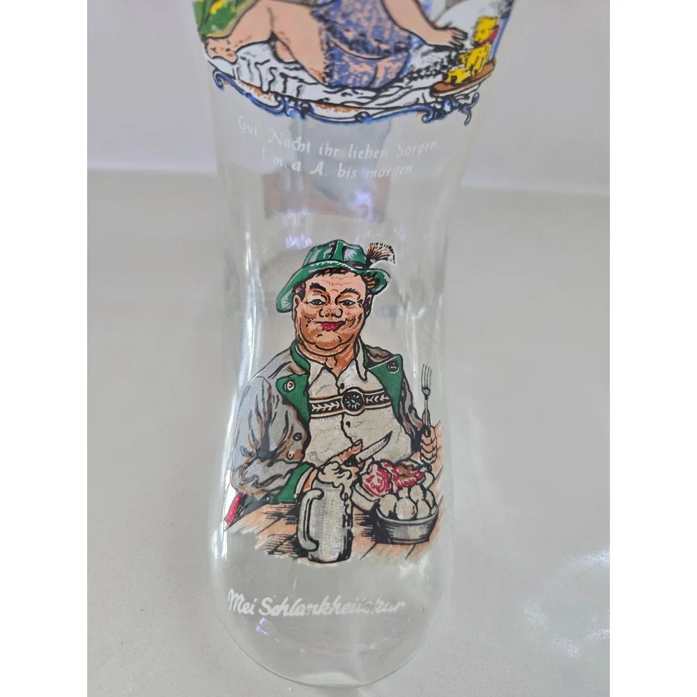 Vintage German Beer Boot Glass Gold Rim Humorous Bavarian‎ Illustrations 9 Inch